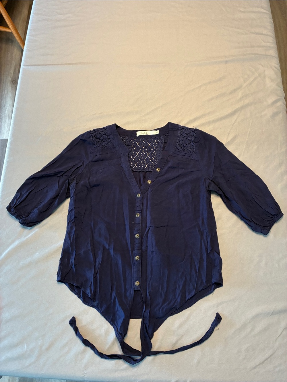 Solitaire Navy Button-Front Tie-Hem Blouse with Crochet Yoke